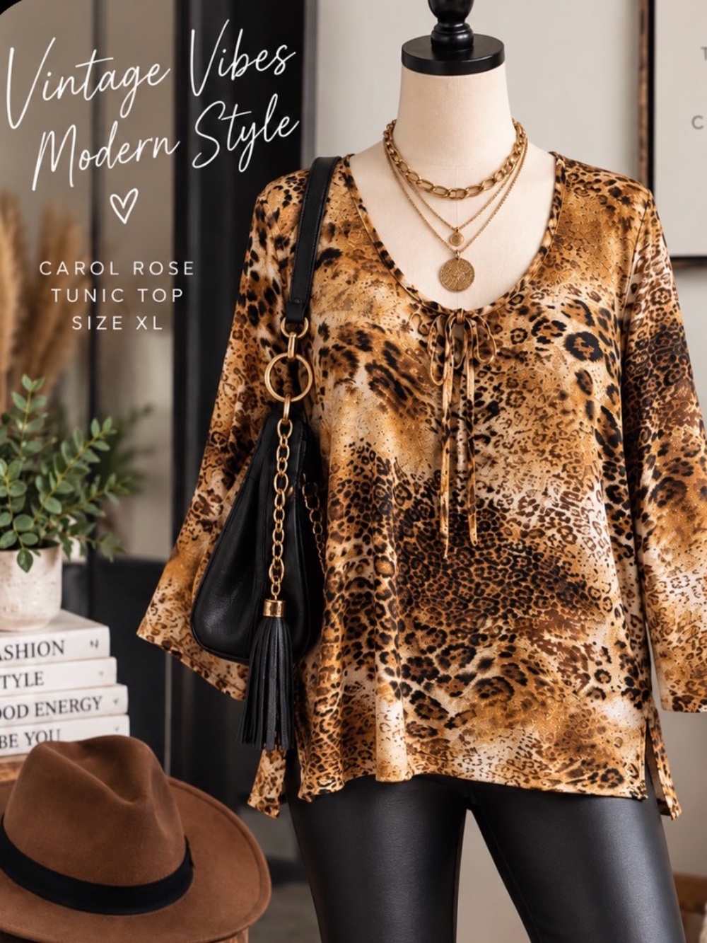 Carol Rose - vintage 90s- Sheer Leopard Print Tie-Neck Blouse in Brown and Tan